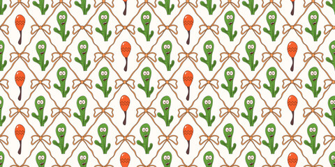 Summer. Coquette seamless Trellis. Vector illustration of silly cactus mexican maracas and Coquette Bow and Ribbon seamless pattern. Perfect wallpaper textile fabric print. Mexican wrapping paper
