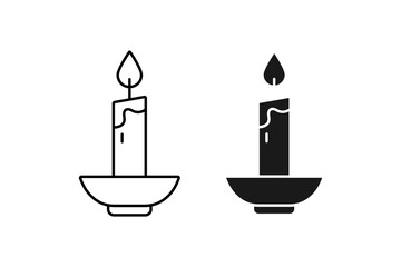 Candle on Candlestick Icon Religious Light Symbol Christian Worship Flame and Faith Line Art Black Outline Minimalist Style Isolated on White Background Spiritual and Holy Illustration