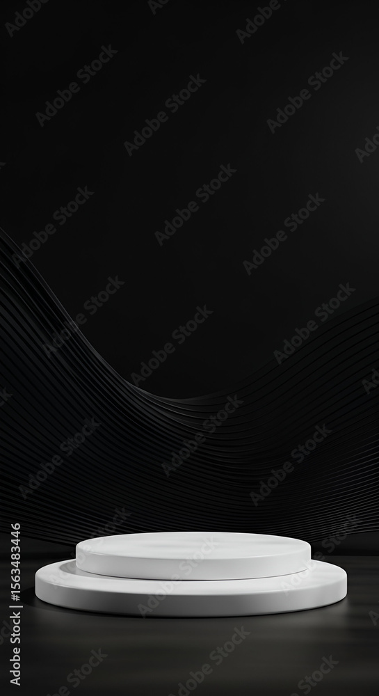 Poster empty white double tiered platform on a dark background with wavy design. product display for a mini