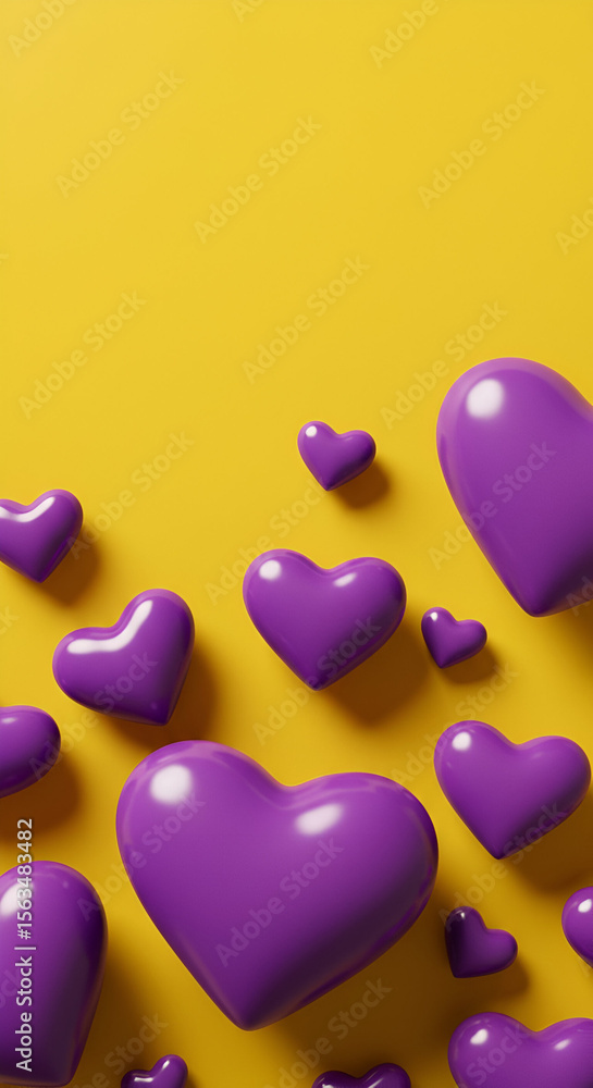 Poster purple hearts scattered on a yellow background. abstract graphic design elements with multiple shape