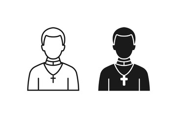 Christian Priest Icon Religious Clergy Character in Traditional Robe and Cross Minimal Line Art Black Outline Isolated on White Background Faith and Worship Concept for Church and Religion Design