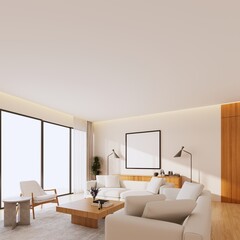 Bright Contemporary Living Room Interior with Scandinavian Style Furniture. 3d rendering