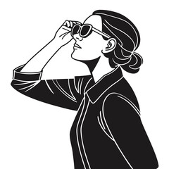 Stylish Woman Adjusting Sunglasses: A Chic Black and White Illustration