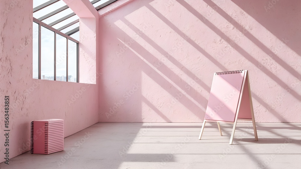 Poster minimalist pink room with textured walls natural light streaming through a large window and a flip c