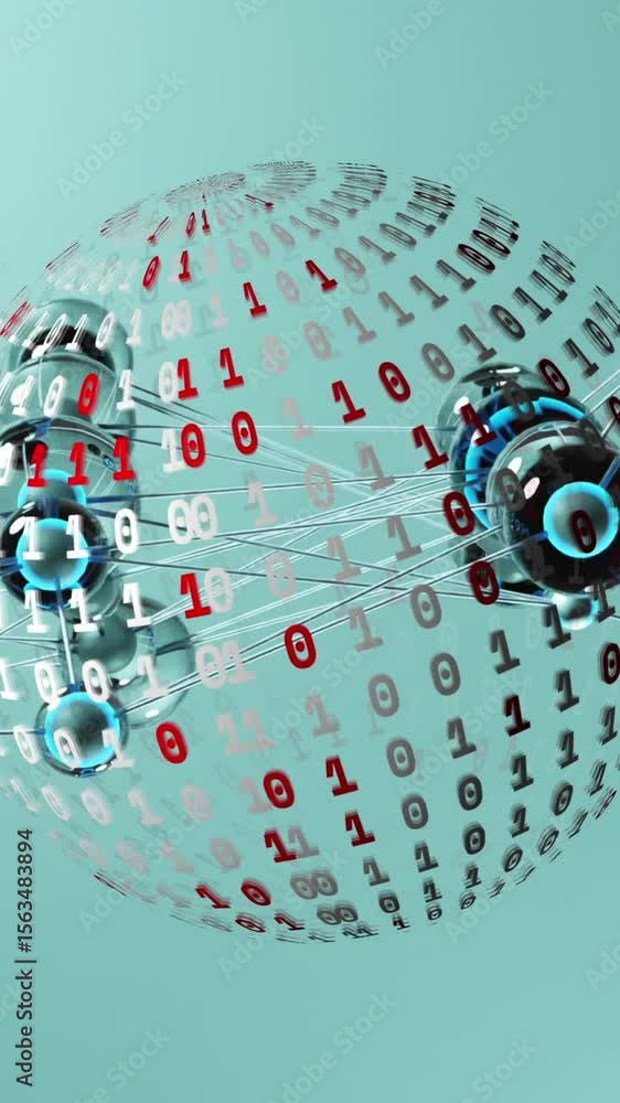 Poster animation of connecting dots over globe of binary coding spinning against blue background