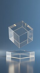 Futuristic glass cube suspended above a bright square base, representing high-tech energy and virtual systems	
