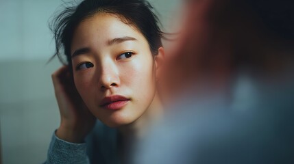 Young woman thoughtfully gazing at her reflection, capturing a pensive and introspective mood in soft lighting.