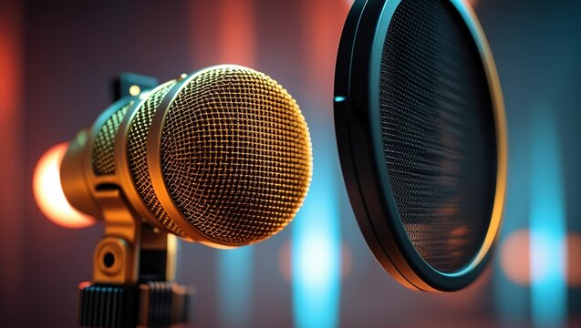 Close up of a golden condenser microphone with a pop filter in a recording studio - Powered by Adobe