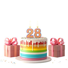 Colorful layered birthday cake with 28 candles and gifts isolated on transparent background