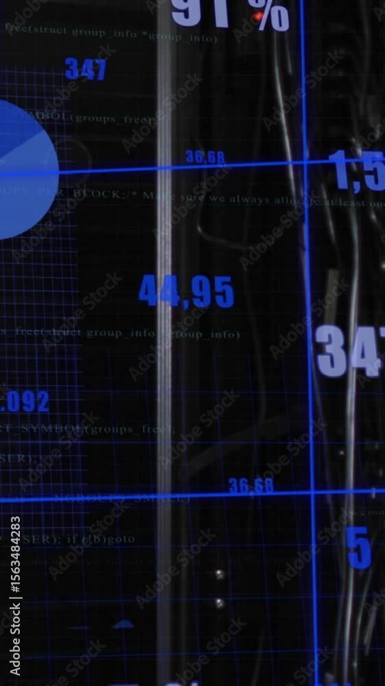 Poster animation of statistical data processing against close up of a computer server