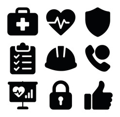 Workplace Safety Icons. Solid, filled icons set of workplace health and safety: first aid kit, heart rate,