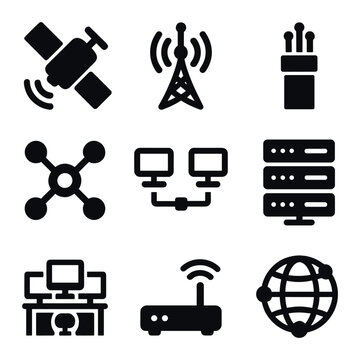 Communication Infrastructure Icons. Solid, filled icons set of communication infrastructure: relay satellite,