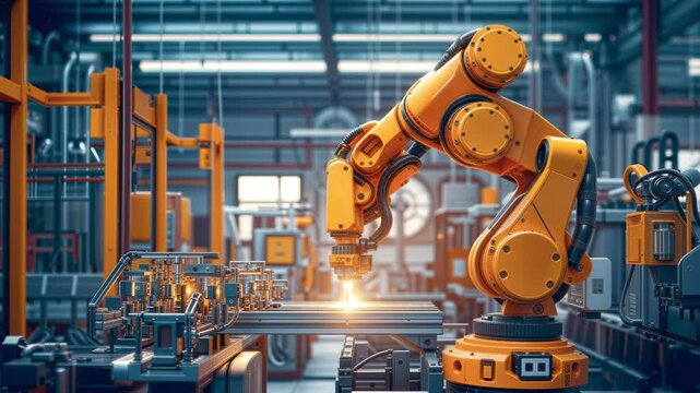 Industrial robot works automatically in smart autonomous factory