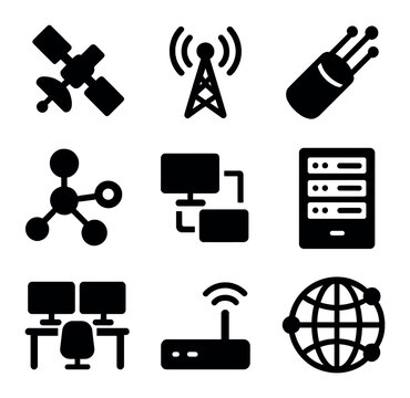 Communication Infrastructure Icons. Solid, filled icons set of communication infrastructure: relay satellite,