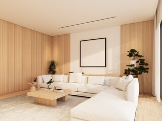 Scandinavian Living Room Interior with Bonsai Tree and Wooden Wall Panels. 3d rendering