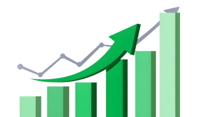 3D rendered bar graph, rising green arrow, white background, detailed financial data, stock market, economic growth, analytics, statistics, data visualization
