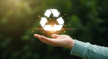 Hand holding glowing white recycling symbol with sparkling particles against blurred green background