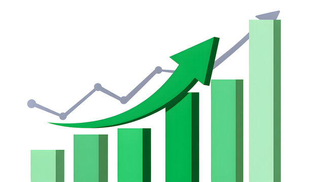 3D rendered bar graph, rising green arrow, white background, detailed financial data, stock market, economic growth, analytics, statistics, data visualization
