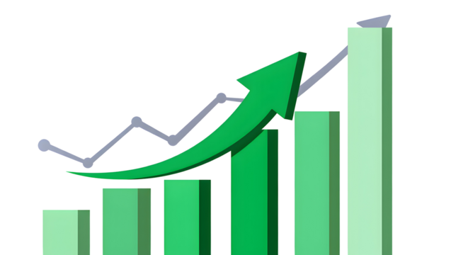 3D rendered bar graph, rising green arrow, white background, detailed financial data, stock market, economic growth, analytics, statistics, data visualization
