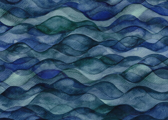 Watercolor abstract dark blue background with waves. Dark blue ocean wallpaper. 