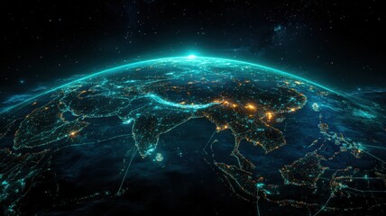 Fototapeta premium Digital Earth: Futuristic Global Network Over Asia at Night night digital futuristic space internet
