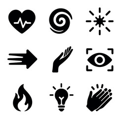 Expressive Dance Icons. Solid, filled icons set of expressive dance symbols: heart beat, swirl motion, energy
