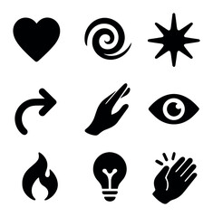 Expressive Dance Icons. Solid, filled icons set of expressive dance symbols: heart beat, swirl motion, energy