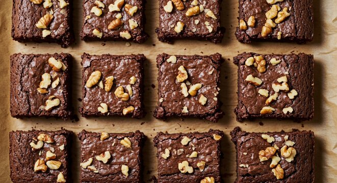 Delicious, freshly baked brownies with walnut topping, arranged on baking paper.