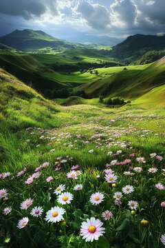 green lawn with white daisies and a beautiful view of the sky	