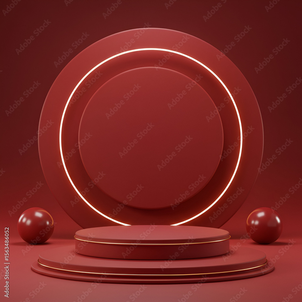Poster red geometric podium display with glowing accents. empty platform for product presentation in a mode