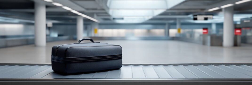 Black suitcase on airport baggage carousel in modern terminal