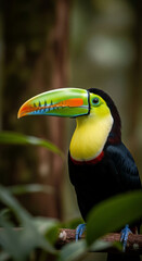 Fototapeta premium Colorful toucan perched on branch, vibrant beak, yellow breast, black plumage, rainforest background, showcasing exotic wildlife, ideal for nature or travel themes