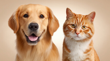 Fototapeta premium adorable dog and cat portrait image. Golden Retriever and Ginger Tabby Cat, Perfect Pet Companions Cute Duo – Friendly Dog and Curious Cat on Neutral Background