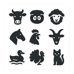 Fototapeta premium Farm Animal Icons. Solid, filled icons set of farm animals: cow head, pig snout, sheep wool, horse profile,