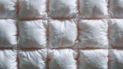 A seamless grid of fluffy white pillows creating a uniform texture, ideal for bedding, relaxation, or comfort themes.