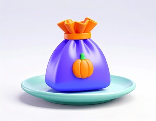 3D trick or treat bag icon resting on a plate, colorful Halloween style, clean white or soft blur backdrop