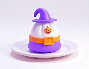 3D trick or treat bag icon resting on a plate, colorful Halloween style, clean white or soft blur backdrop