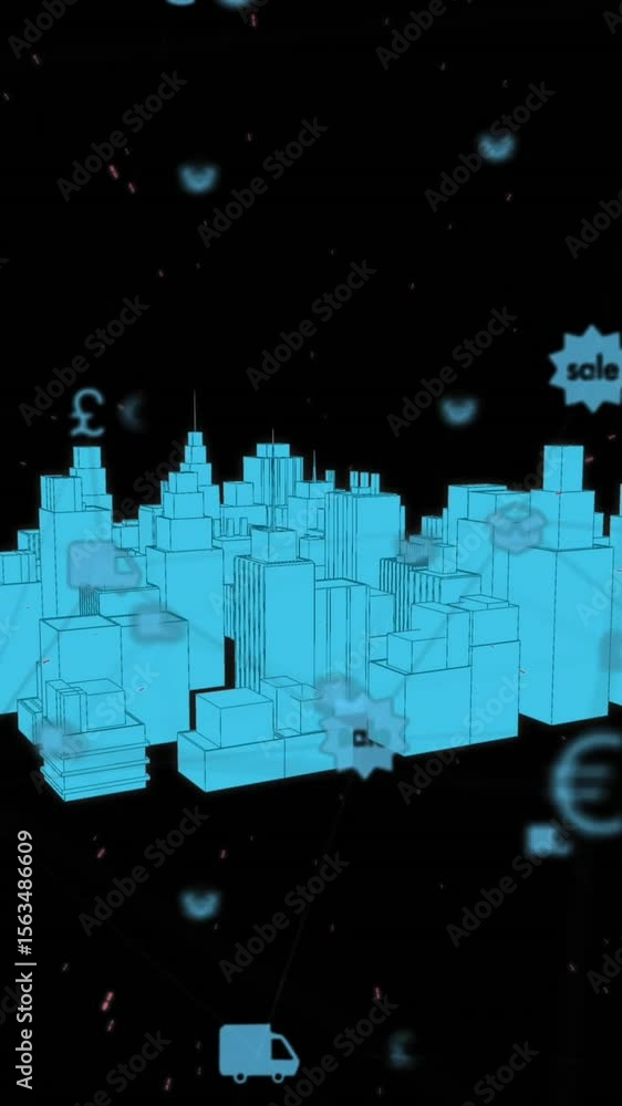 Poster animation of multiple icons and lines over 3d model of cityscape against black background