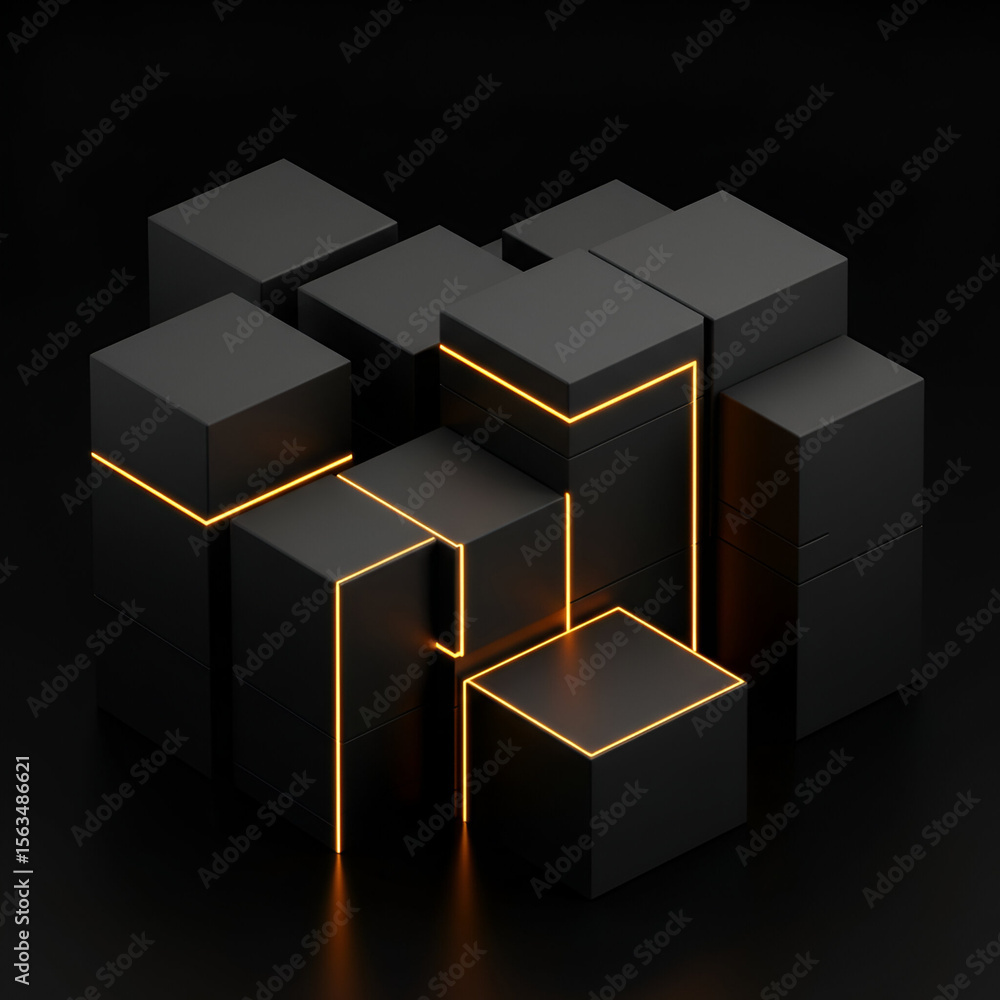 Poster abstract composition of interlocking black cubes with glowing orange lines in a dark background. mod
