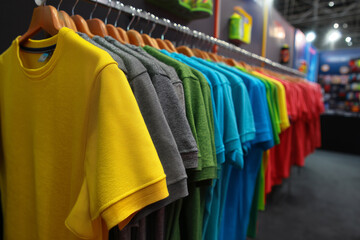 Obraz premium Colorful t-shirts hanging on rack in retail store