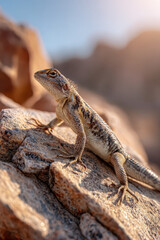 Fototapeta premium Lizard basking on a sunlit rock in the desert