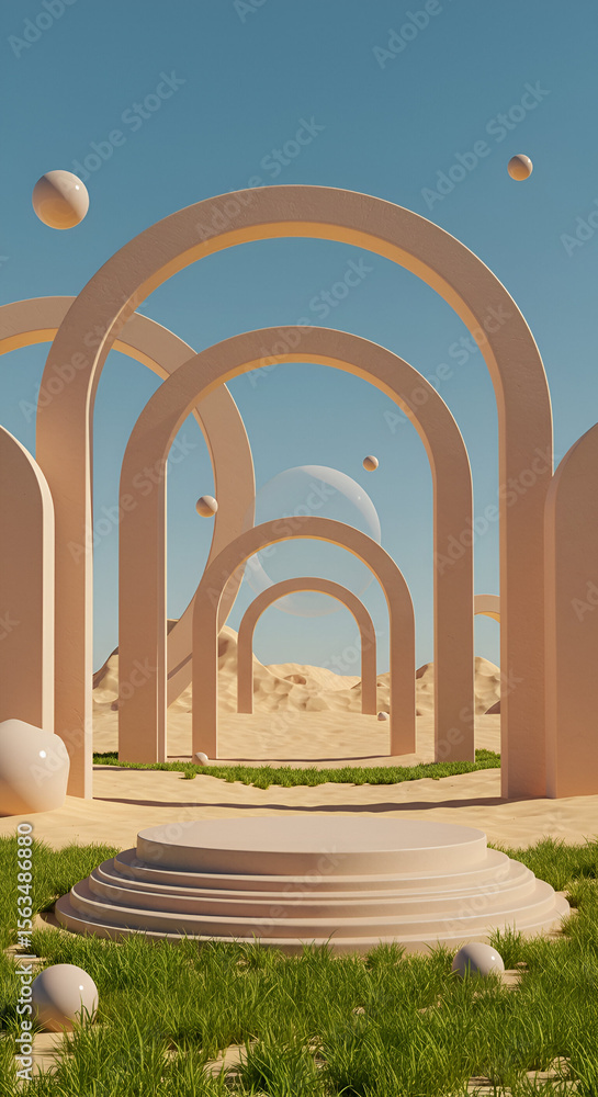 Poster beige archways and columns in a desert landscape with a multi-tiered platform in the foreground. emp