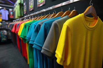 Fototapeta premium Colorful t-shirts hanging on rack in retail store