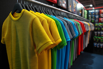 Obraz premium Colorful t-shirts hanging on rack in retail store
