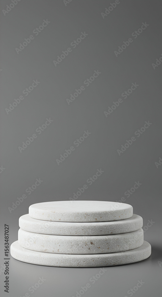 Poster white marble tiered pedestal display in neutral studio setting. product presentation platform in a m