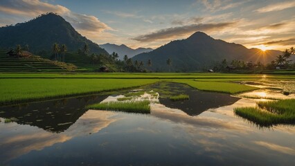Fototapeta premium Serene Sunset Over Rice Paddies Reflected in Calm Water with Mountain Background