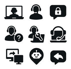 Virtual Support Icons. Solid, filled icons set of virtual customer support: video call screen, virtual agent
