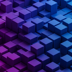 Obraz premium Abstract arrangement of layered cubes in varying shades of purple and blue. Geometric shapes in a three-dimensional design.