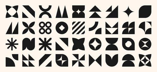 Trendy abstract futuristic geometric shapes in retro style Y2K, groovy. Brutalist black isolated on white background label elements for banner, flyer. Modern cyber aesthetic graphic design.