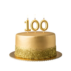 Elegant gold cake with burning number 100 candles isolated on transparent background
